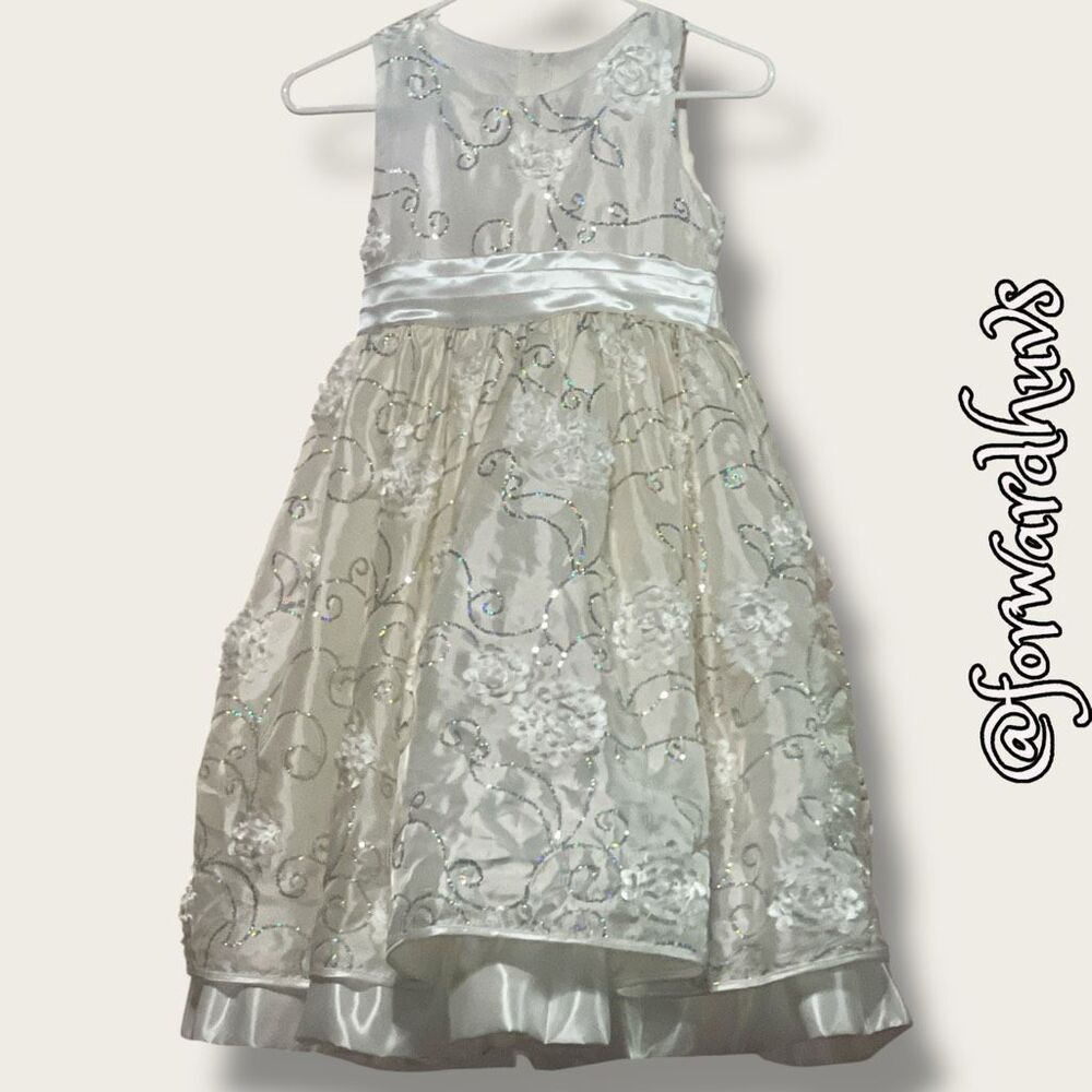 Princess Kloset Girls Special Occasion Dress – Cream White Silver Floral - Size